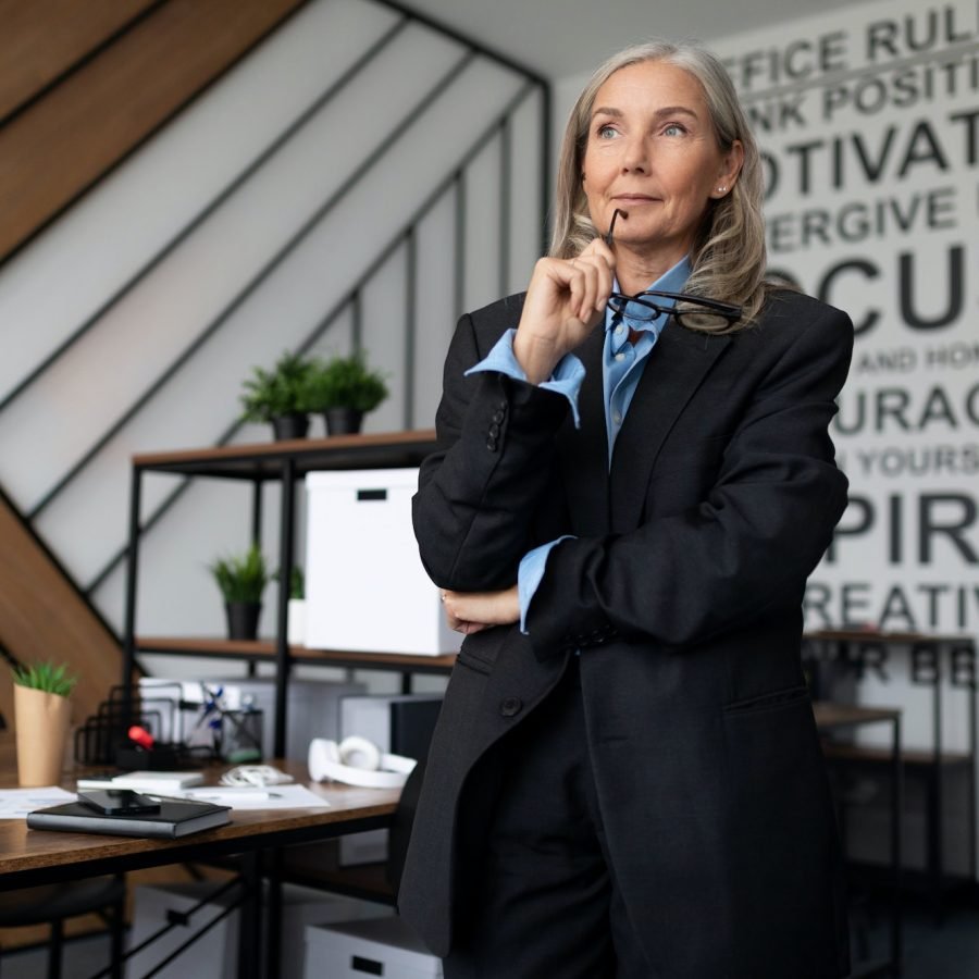Business woman with glasses for vision in her hands looks thoughtfully out the window in the office